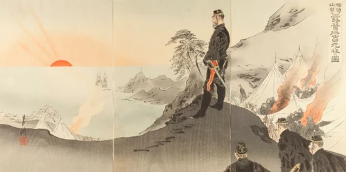 Immagine di ufficiali e uomini che adorano il sole nascente mentre sono accampati nelle montagne di Port Arthur